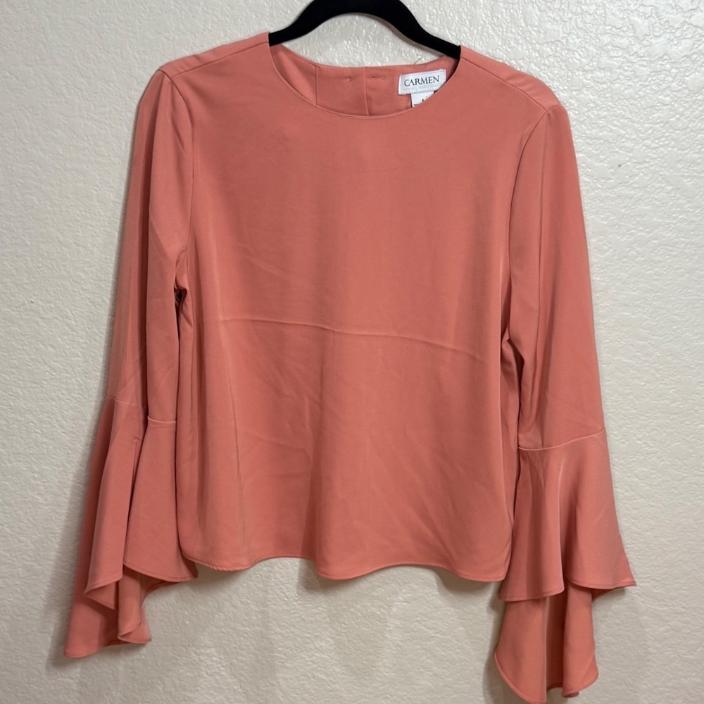 CARMEN MARC VALVO Dusty Rose Romantic Blouse Bell Sleeve Flowy Romantic Top Sz 6
